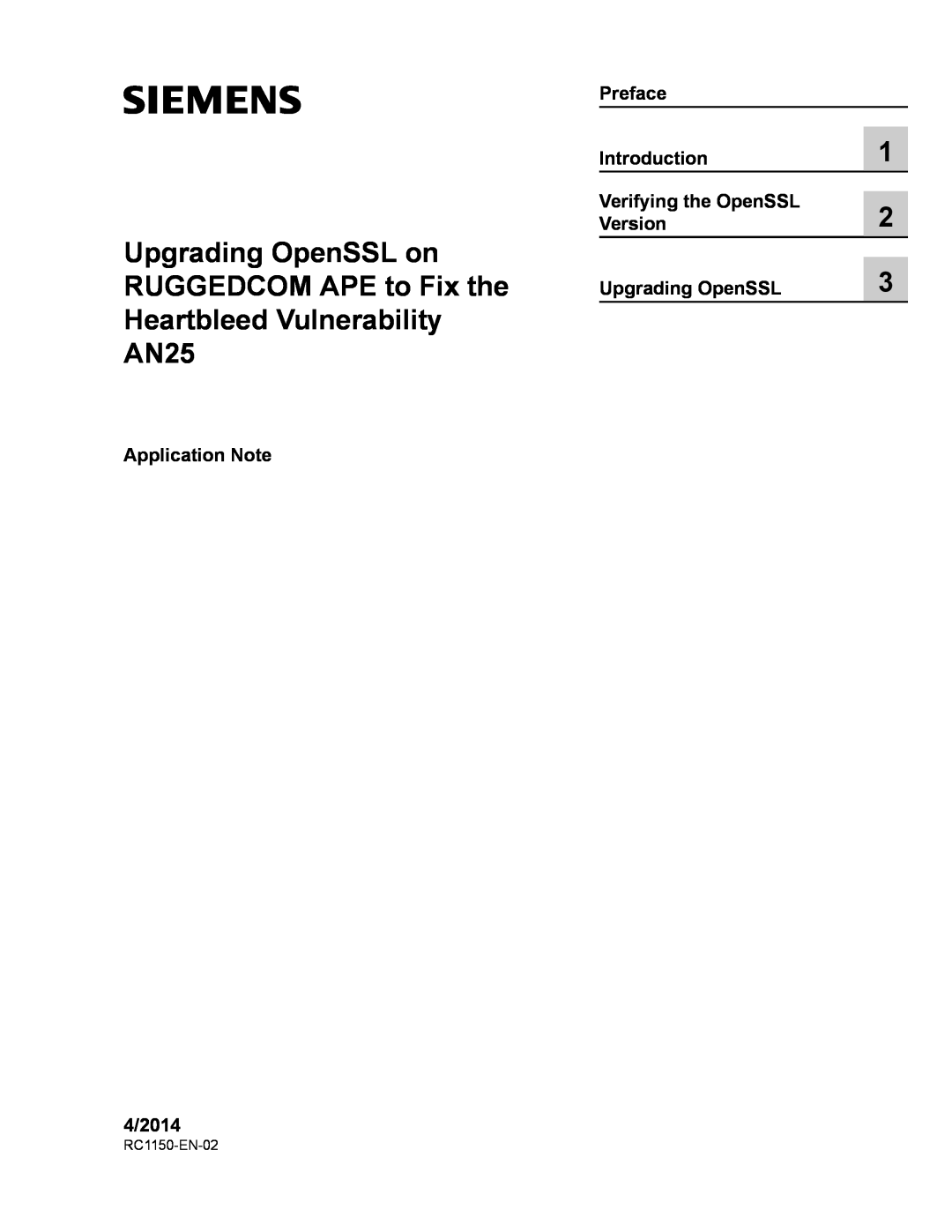 Siemens AN25 manual Application Note 4/2014, Preface Introduction, Verifying the OpenSSL Version Upgrading OpenSSL 