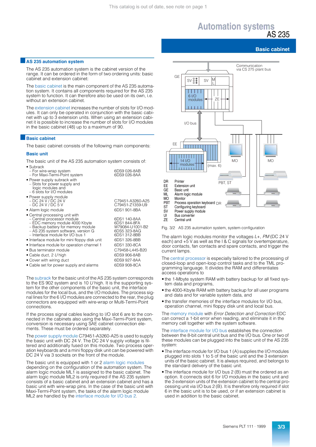Siemens appendix Basic cabinet, AS 235 automation system, Basic unit 