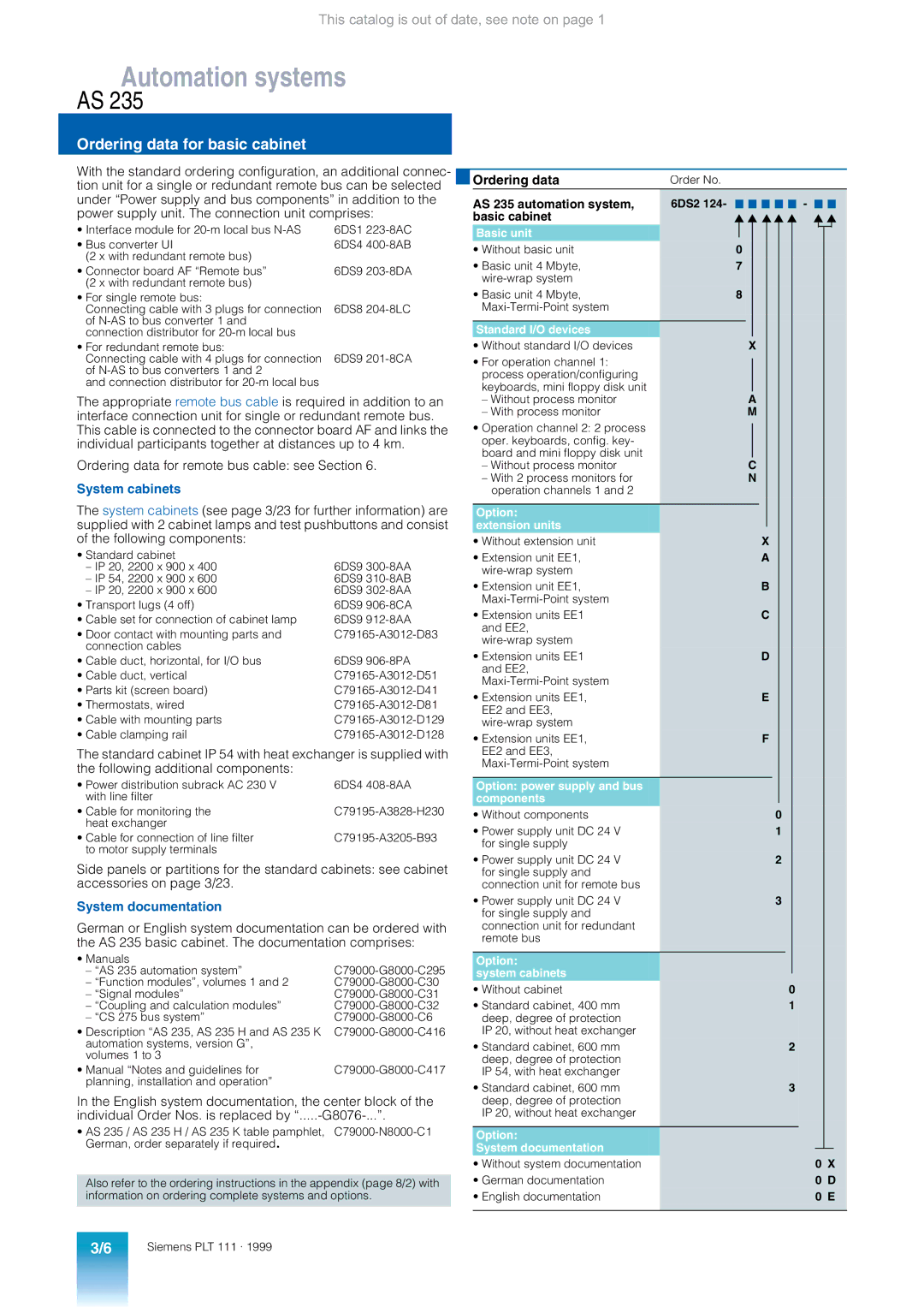 Siemens appendix Ordering data for basic cabinet, AS 235 automation system, Basic cabinet 