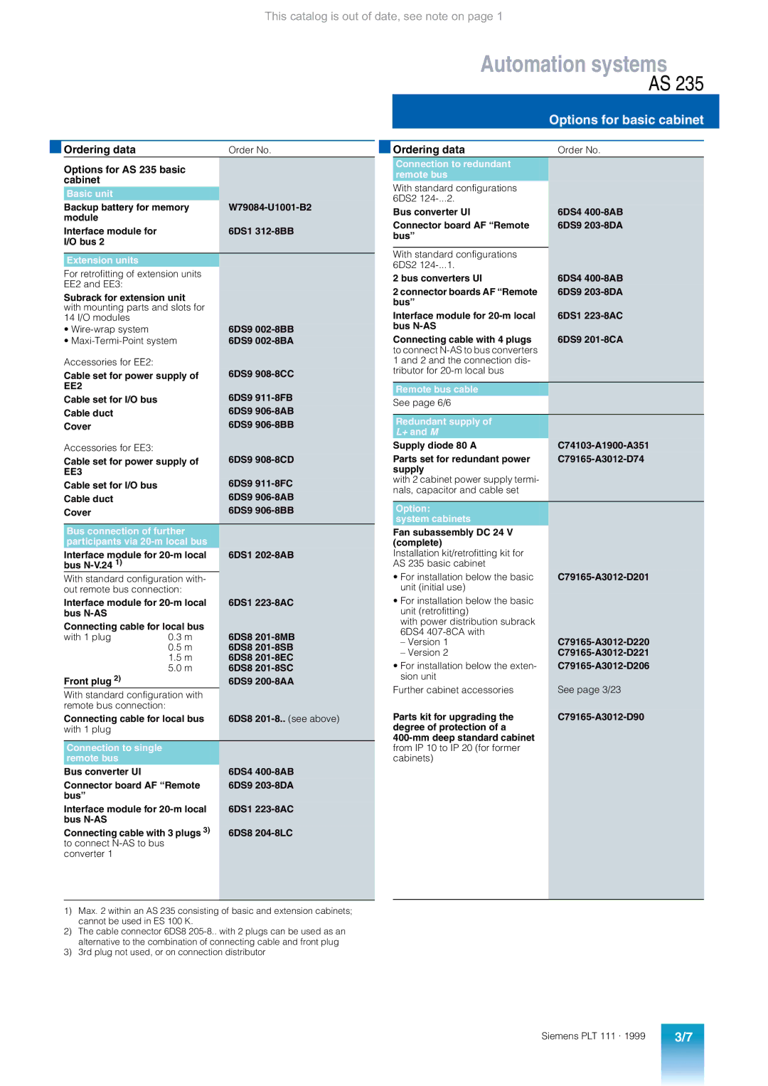 Siemens appendix Options for basic cabinet, Options for AS 235 basic Cabinet, 6DS9 002-8BB, See page 6/6 