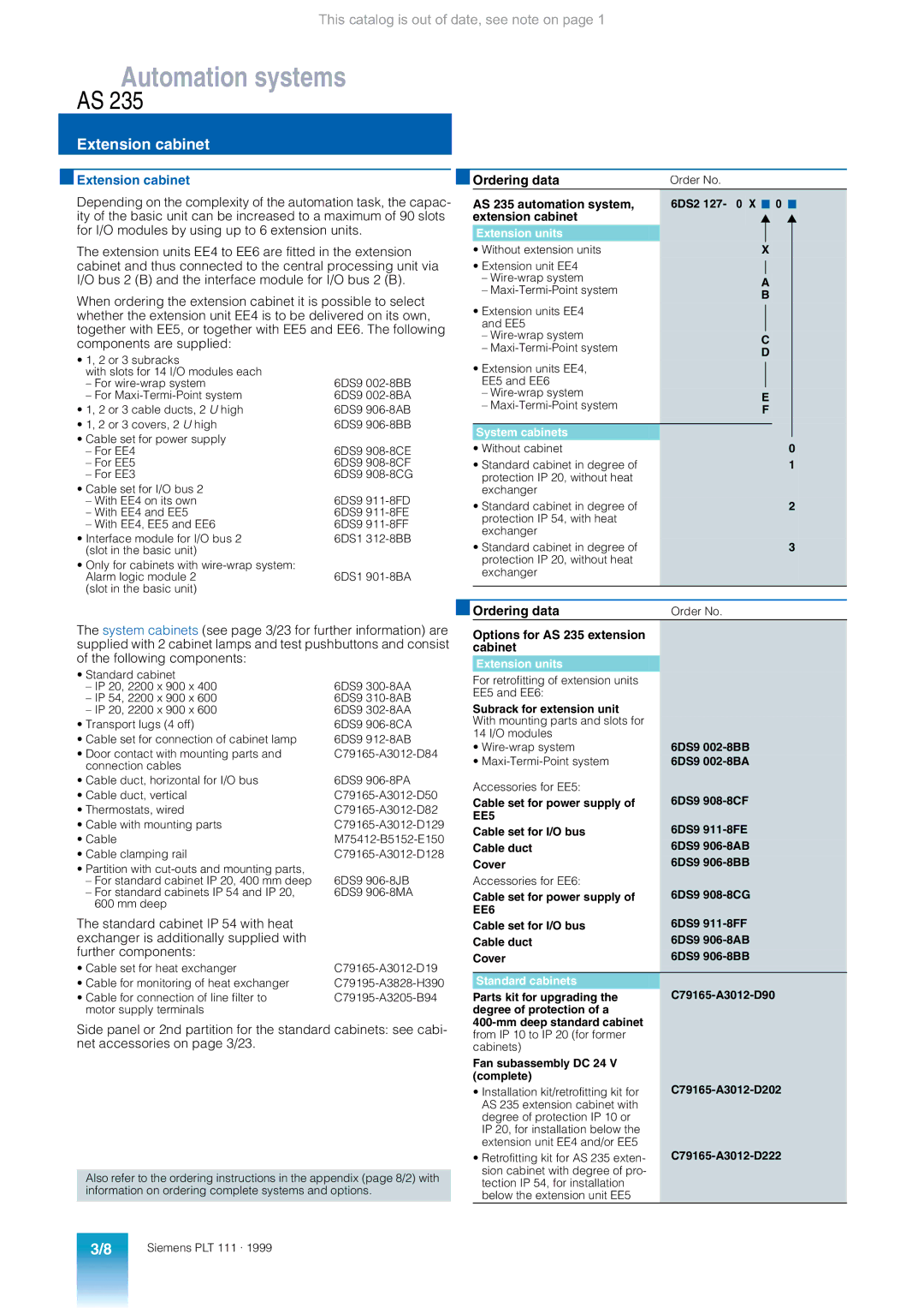 Siemens appendix Extension cabinet, Options for AS 235 extension Cabinet 