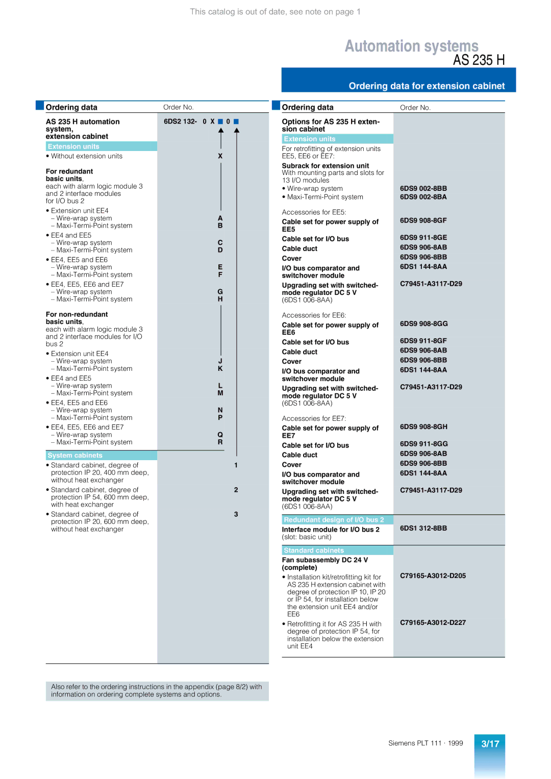 Siemens appendix Ordering data for extension cabinet, AS 235 H automation, System Extension cabinet 