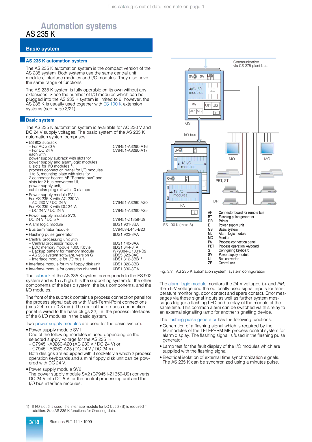 Siemens appendix Basic system, AS 235 K automation system 