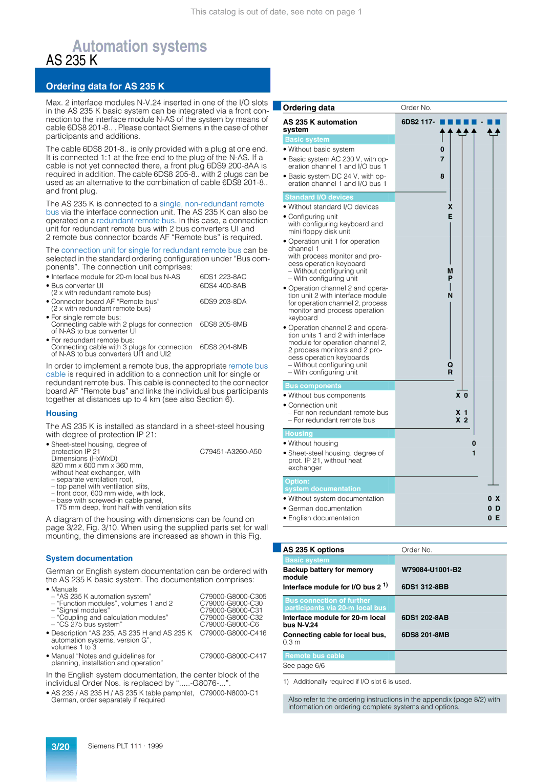 Siemens appendix Ordering data for AS 235 K, Housing, AS 235 K automation, System, AS 235 K options 