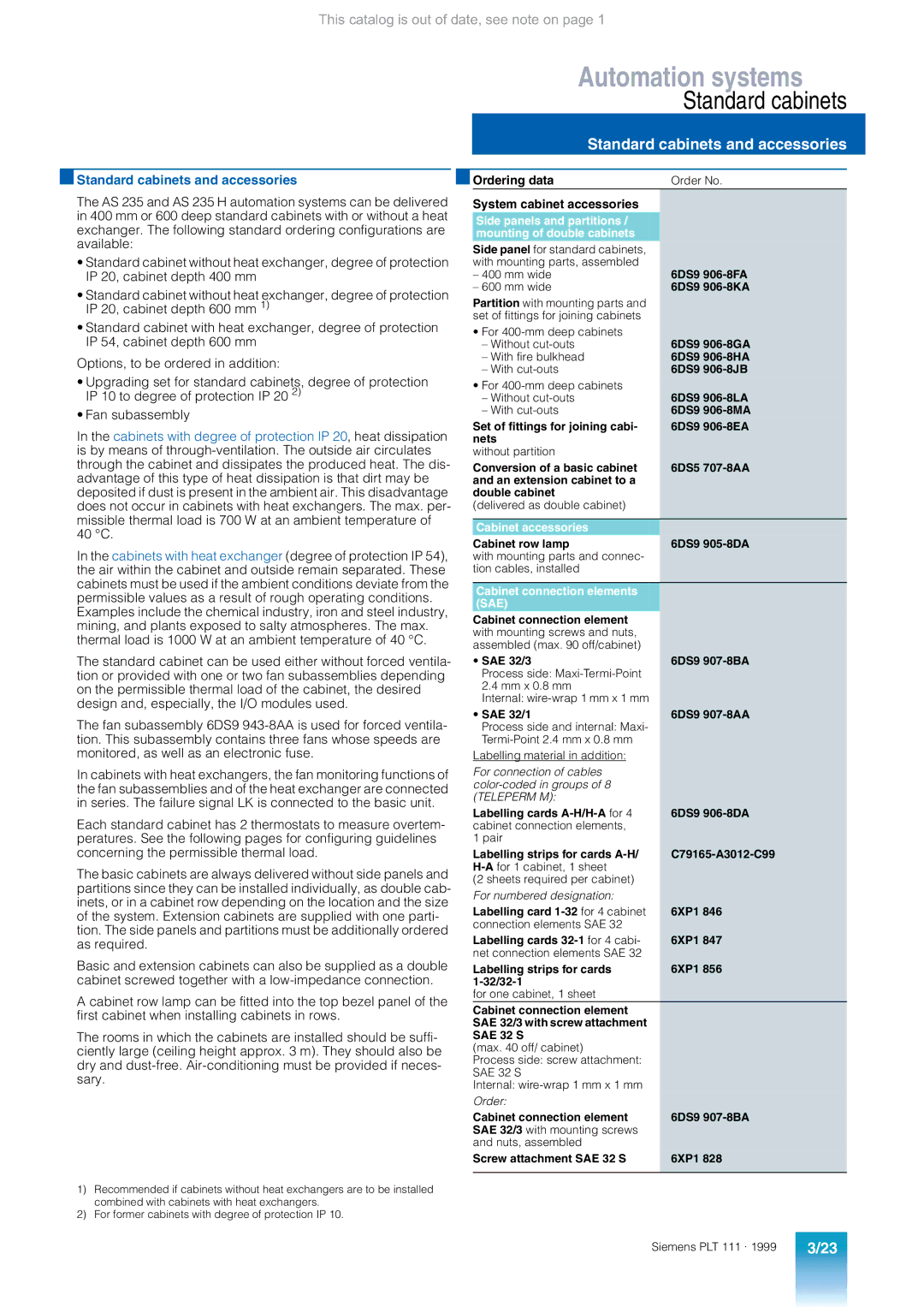 Siemens AS 235 appendix Standard cabinets and accessories, System cabinet accessories 