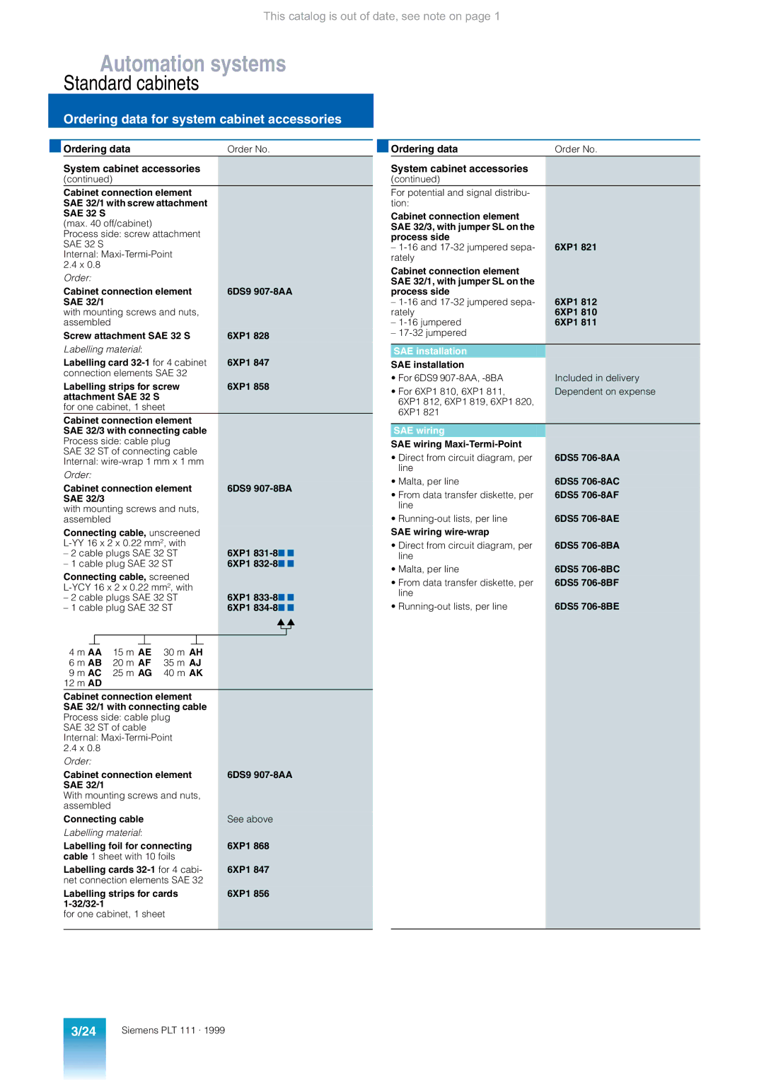 Siemens AS 235 appendix Ordering data for system cabinet accessories 