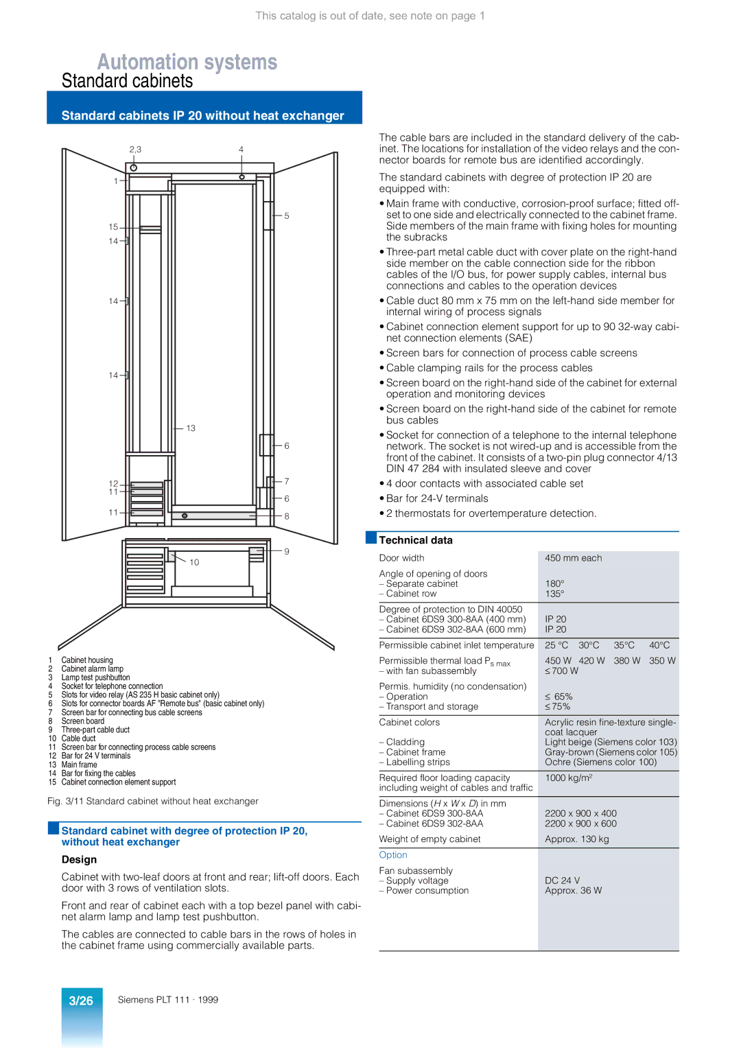 Siemens AS 235 appendix Standard cabinets IP 20 without heat exchanger, Design, Technical data 