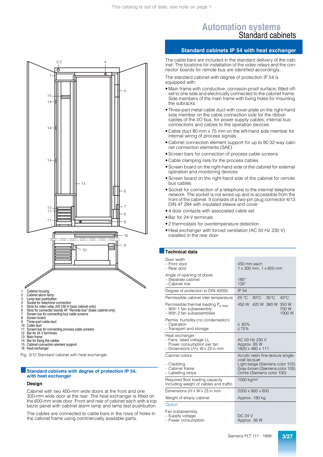 Siemens AS 235 appendix Standard cabinets IP 54 with heat exchanger, Standard cabinet with heat exchanger 