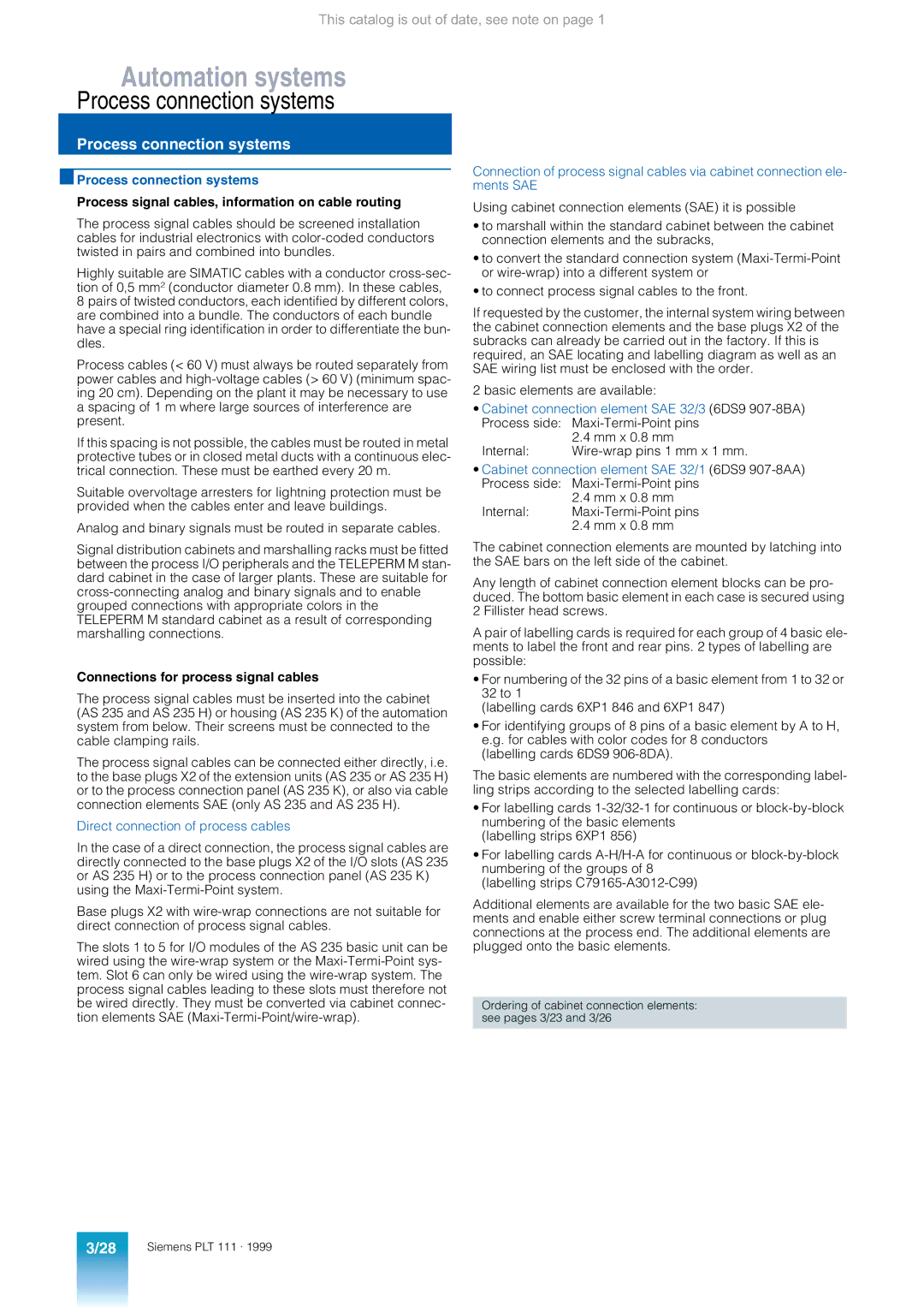 Siemens AS 235 appendix Process connection systems, Connections for process signal cables 