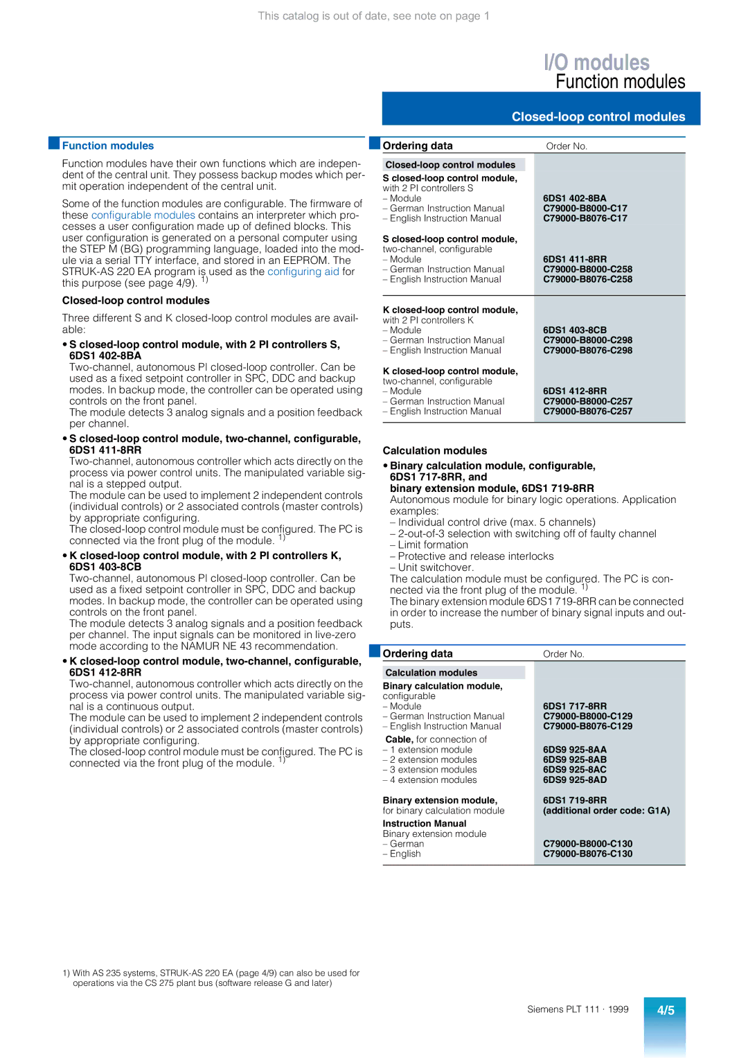 Siemens AS 235 appendix Function modules, Closed-loop control modules 