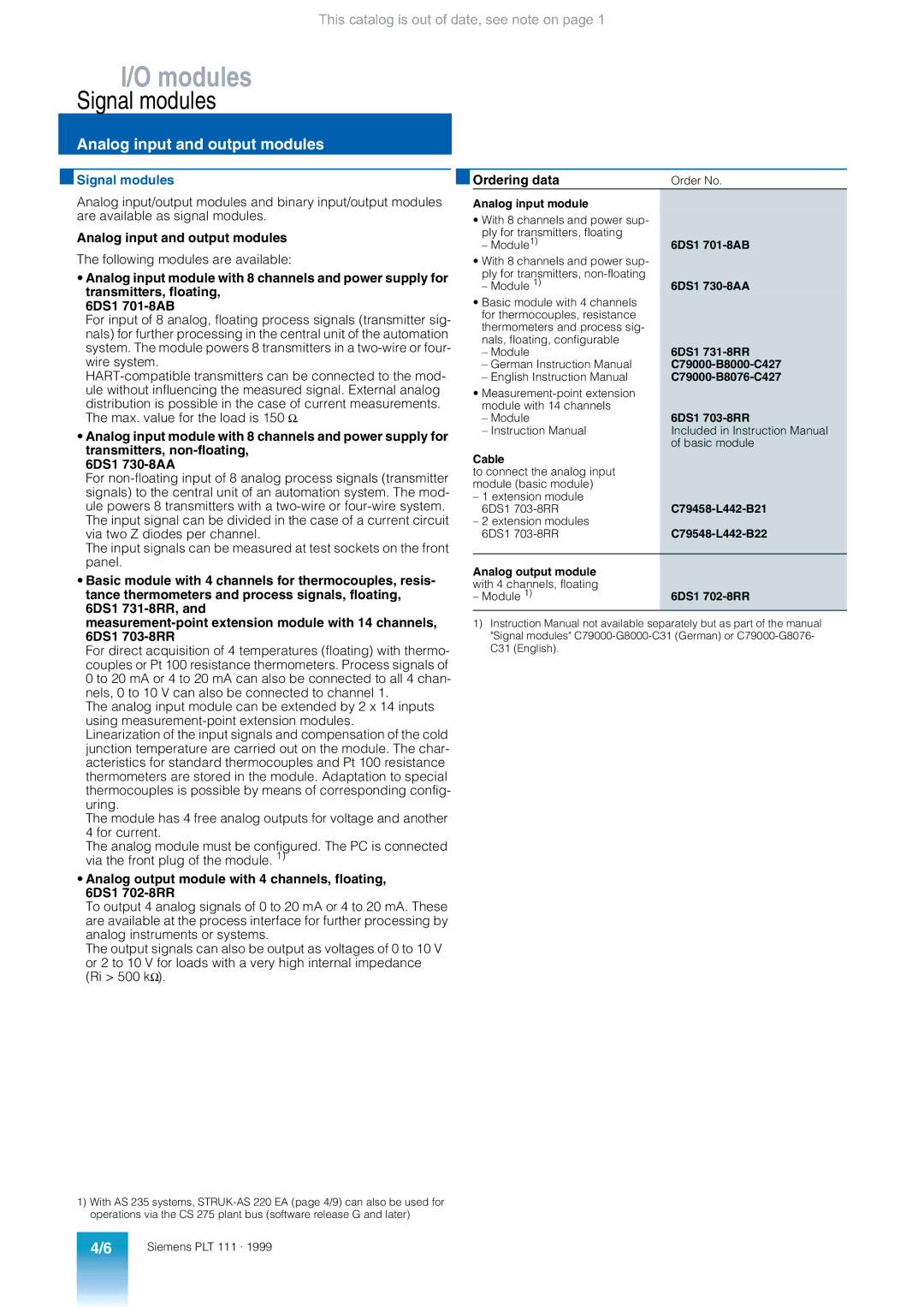 Siemens AS 235 appendix Signal modules, Analog input and output modules 