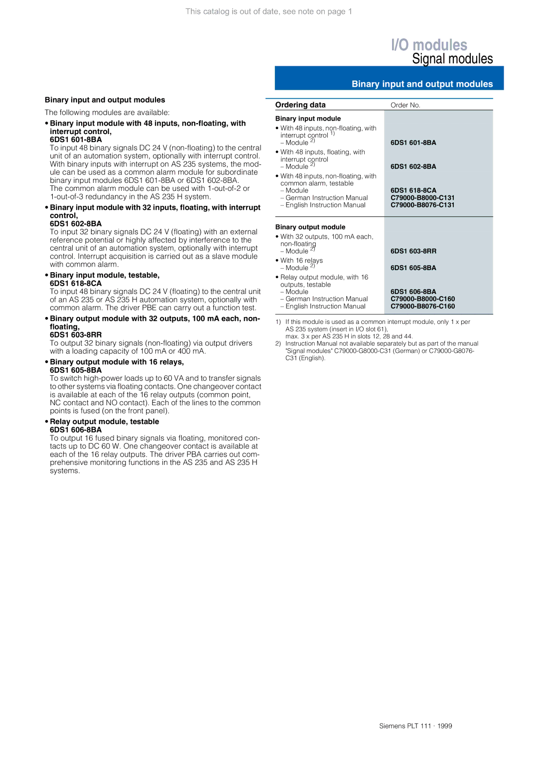 Siemens AS 235 appendix Binary input and output modules, Binary input module, testable, 6DS1 618-8CA 