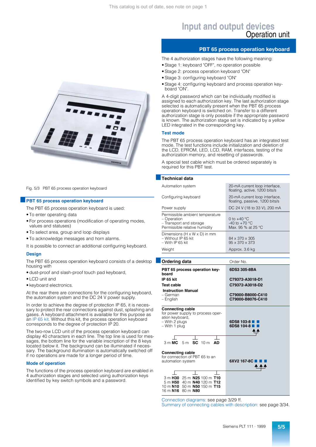 Siemens AS 235 appendix Operation unit, PBT 65 process operation keyboard, Mode of operation, Test mode 