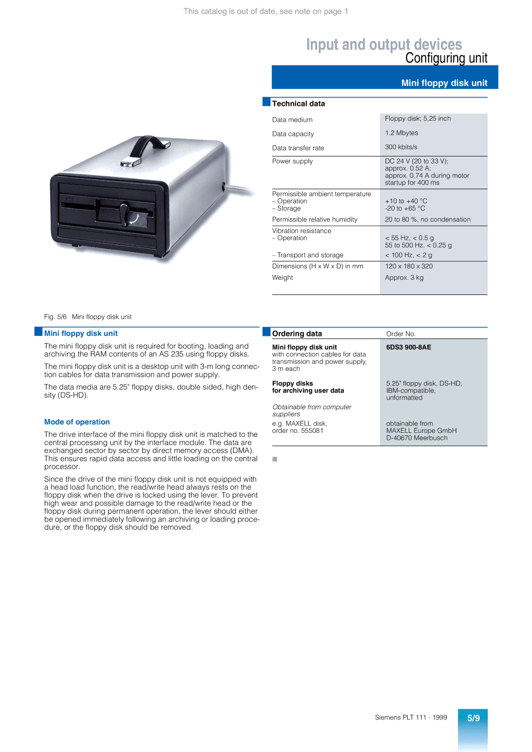 Siemens AS 235 appendix Mini floppy disk unit 6DS3 900-8AE, Floppy disks, For archiving user data 