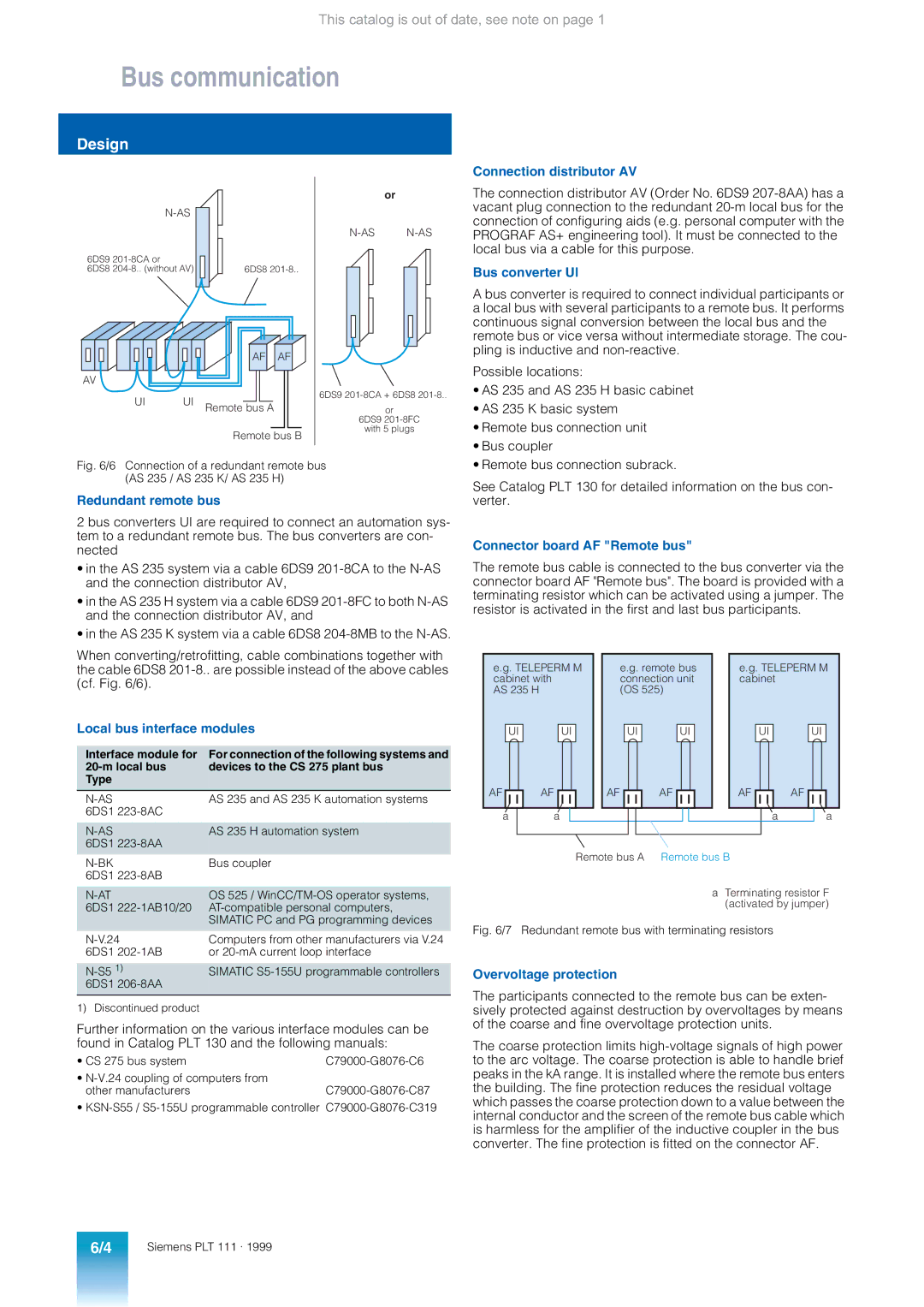 Siemens AS 235 appendix Connection distributor AV, Bus converter Ul, Redundant remote bus, Connector board AF Remote bus 