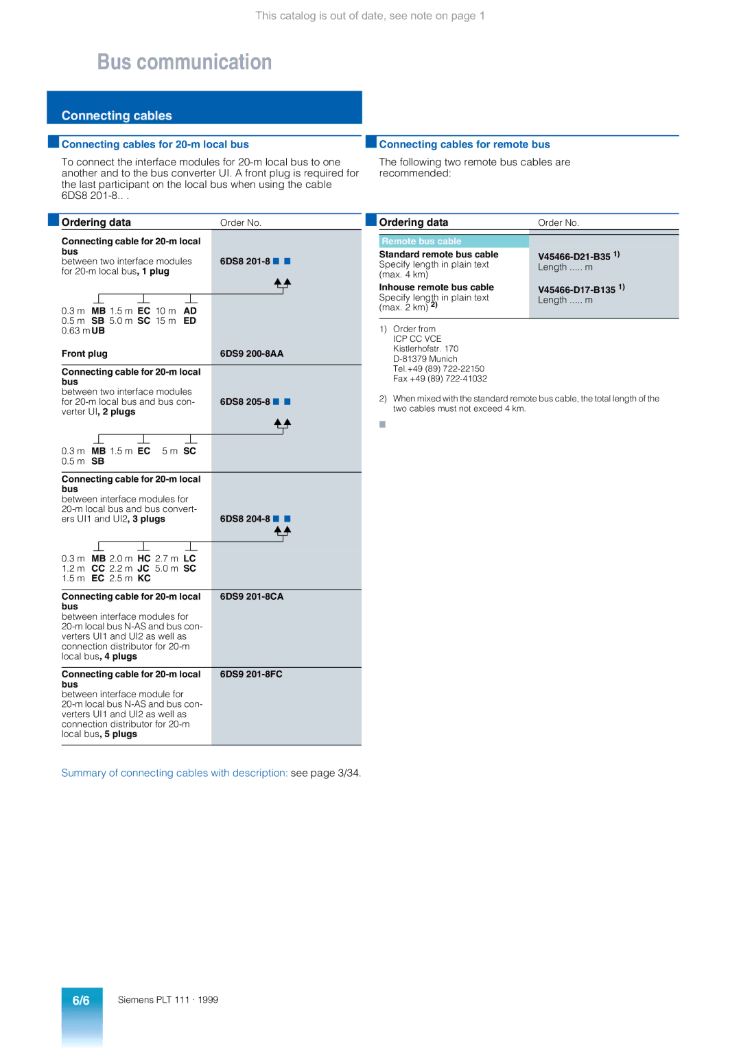 Siemens AS 235 appendix Connecting cables for 20-m local bus, Connecting cables for remote bus 