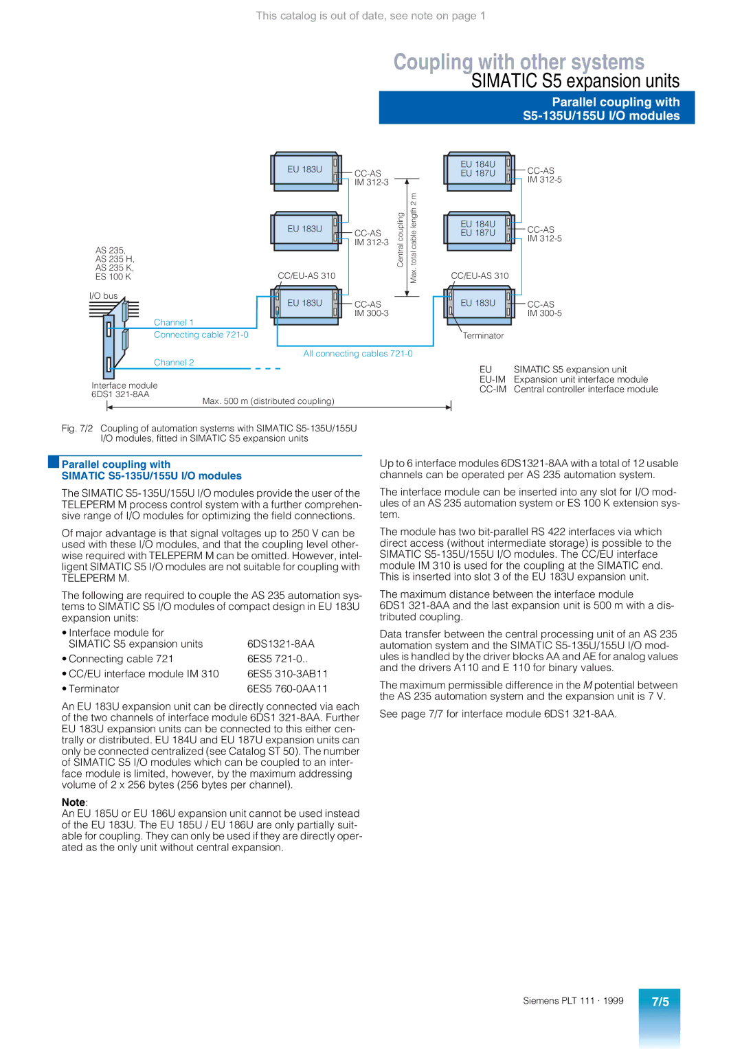 Siemens AS 235 Parallel coupling with S5-135U/155U I/O modules, Parallel coupling with Simatic S5-135U/155U I/O modules 