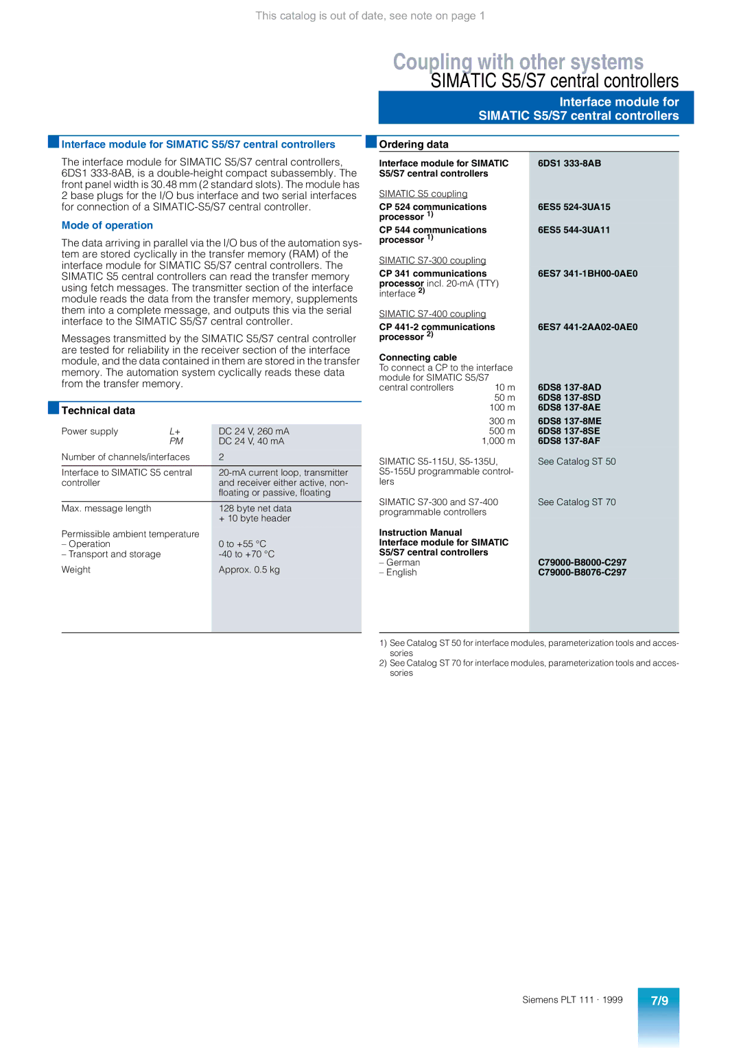 Siemens AS 235 appendix Interface module for Simatic S5/S7 central controllers 