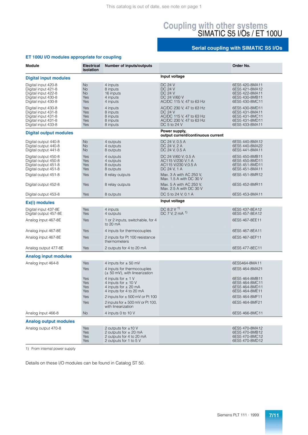 Siemens AS 235 appendix ET 100U I/O modules appropriate for coupling, Exi modules 