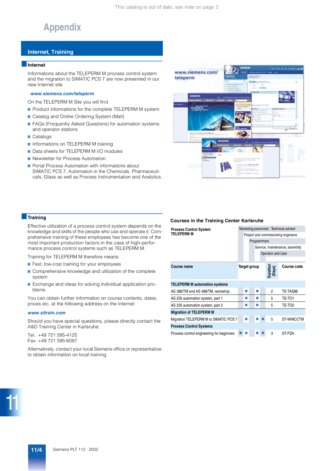 Siemens AS 488/TM manual Internet, Training, 11/4, Training Courses in the Training Center Karlsruhe 