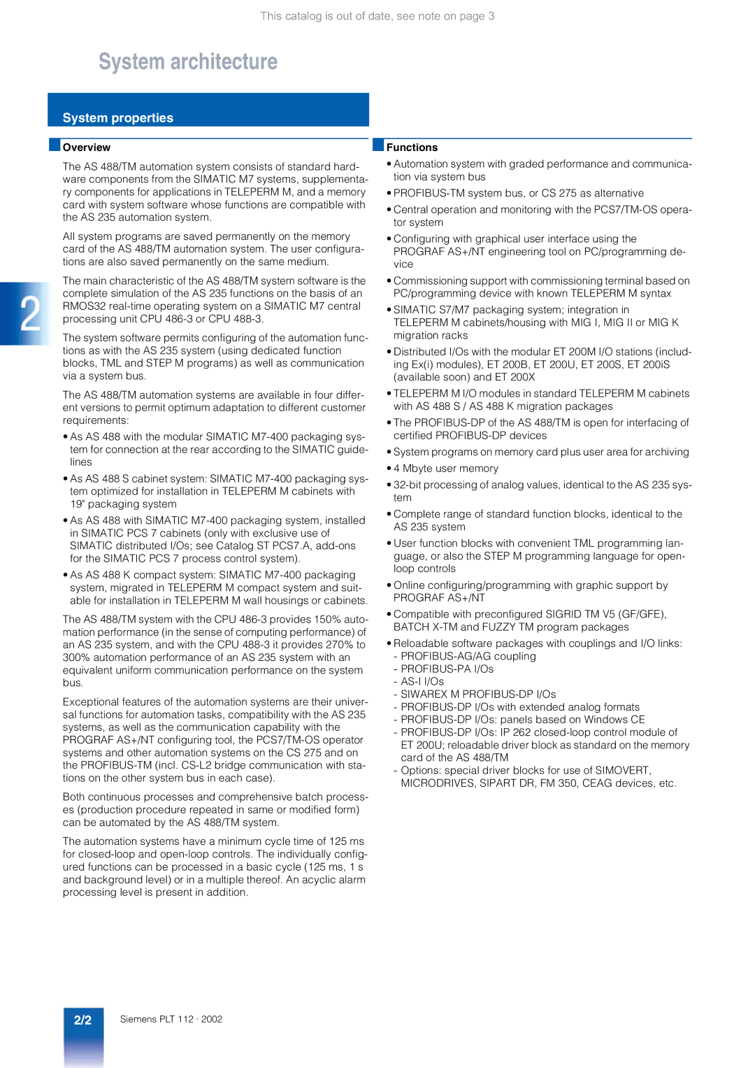 Siemens AS 488/TM manual System architecture, System properties, Functions 