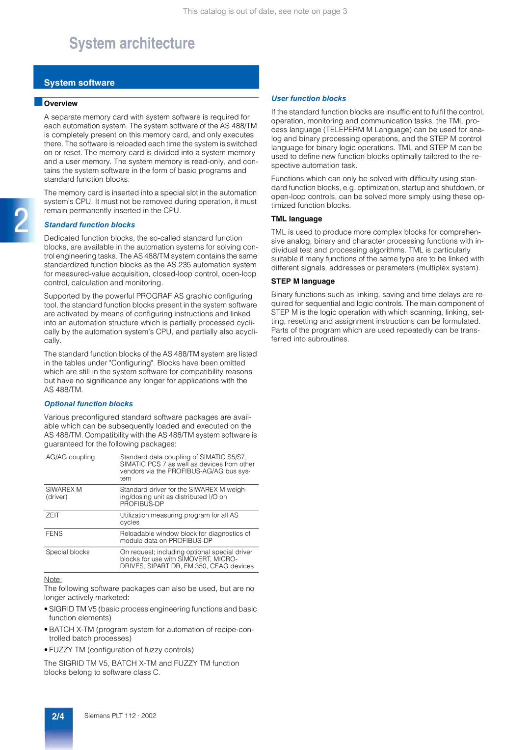 Siemens AS 488/TM manual System software, User function blocks, Standard function blocks, Optional function blocks 