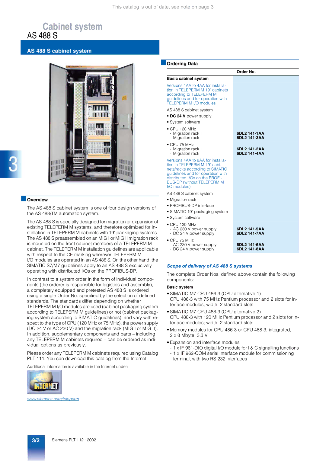 Siemens AS 488/TM manual Cabinet system, AS 488 S cabinet system, Scope of delivery of AS 488 S systems 