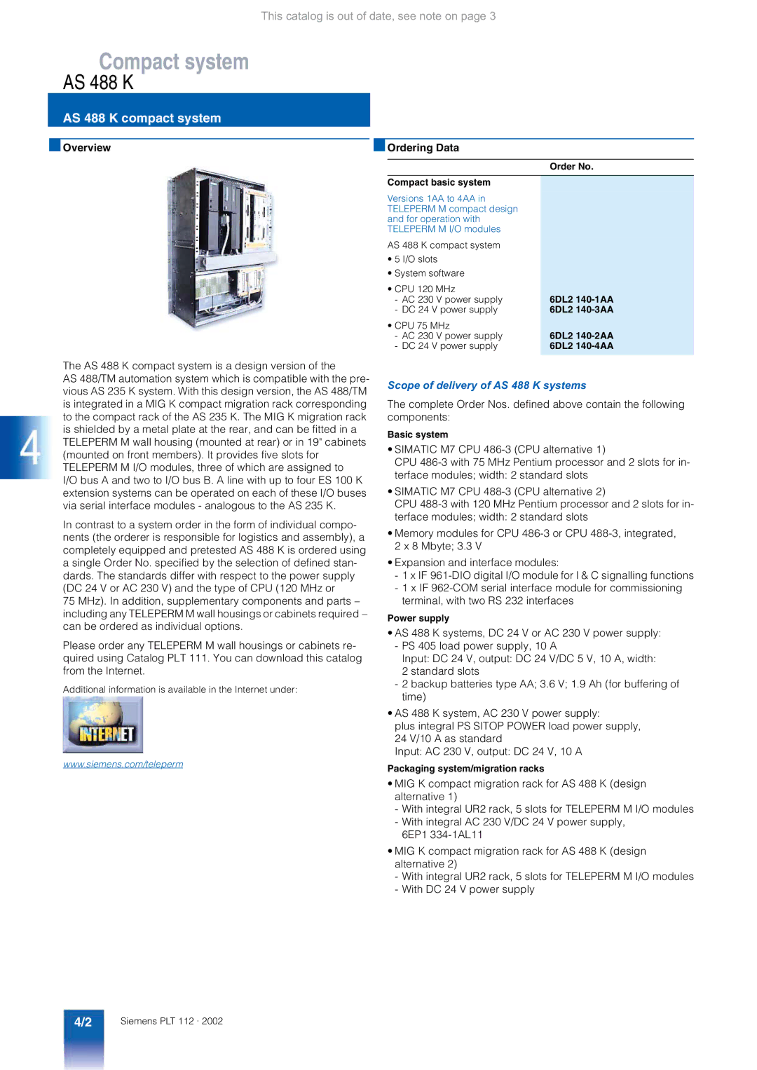 Siemens AS 488/TM manual Compact system, AS 488 K compact system, Overview Ordering Data 