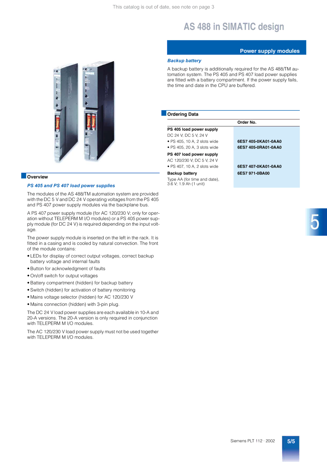 Siemens AS 488/TM manual Power supply modules, PS 405 and PS 407 load power supplies, Backup battery 