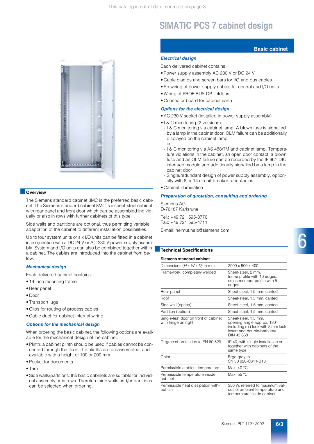 Siemens AS 488/TM manual Basic cabinet, Mechanical design, Electrical design, Options for the electrical design 