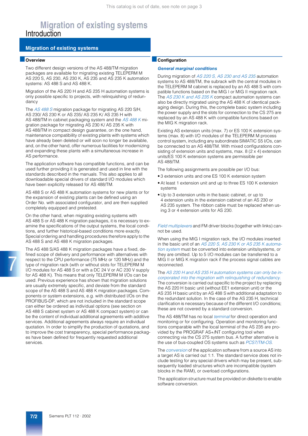 Siemens AS 488/TM manual Migration of existing systems, General marginal conditions 