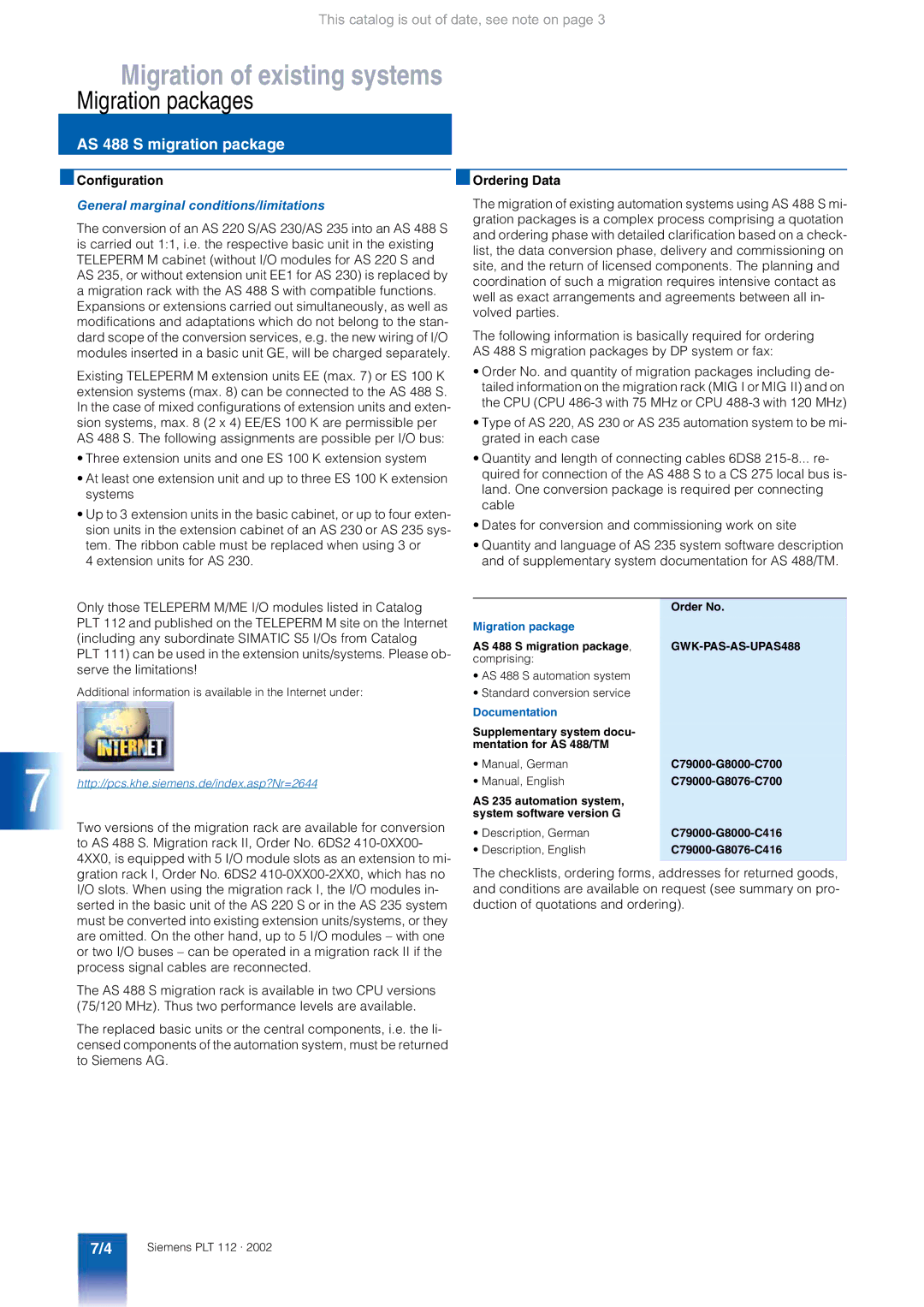 Siemens AS 488/TM manual General marginal conditions/limitations, AS 488 S migration package 