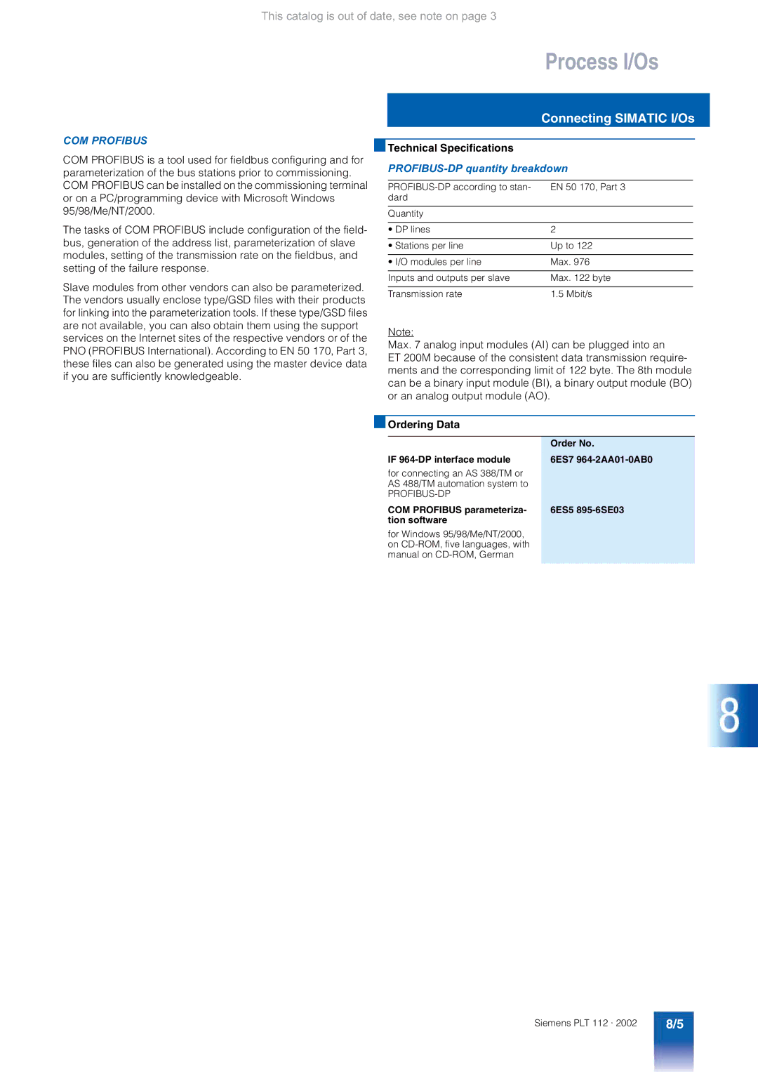 Siemens AS 488/TM manual COM Profibus, PROFIBUS-DP quantity breakdown 