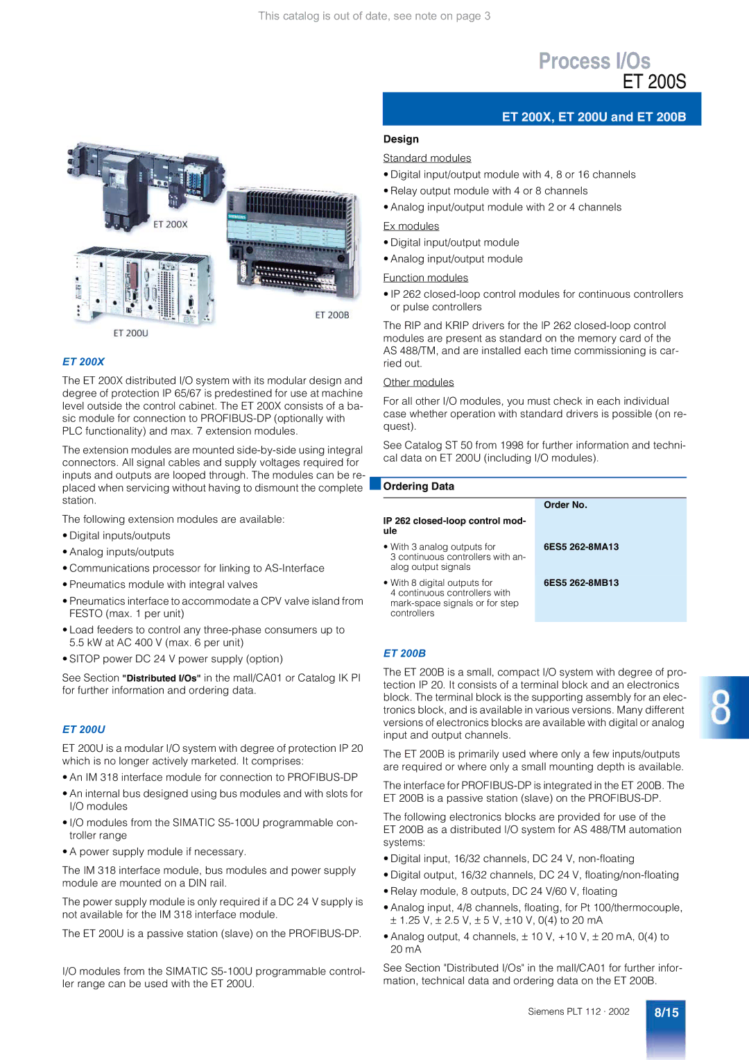 Siemens AS 488/TM manual ET 200X, ET 200U and ET 200B, IP 262 closed-loop control mod- ule 