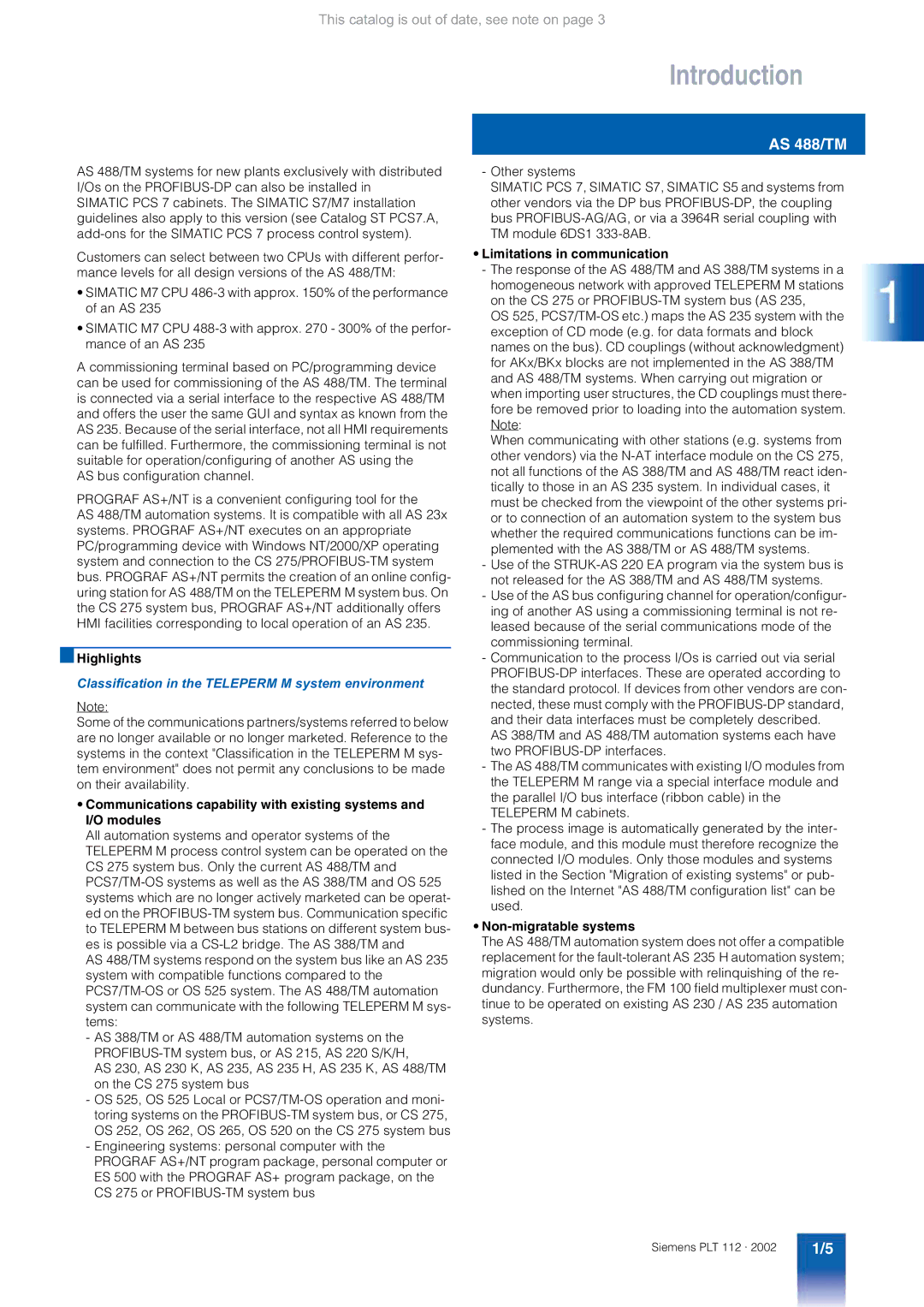 Siemens AS 488/TM manual Highlights, Classification in the Teleperm M system environment, Limitations in communication 