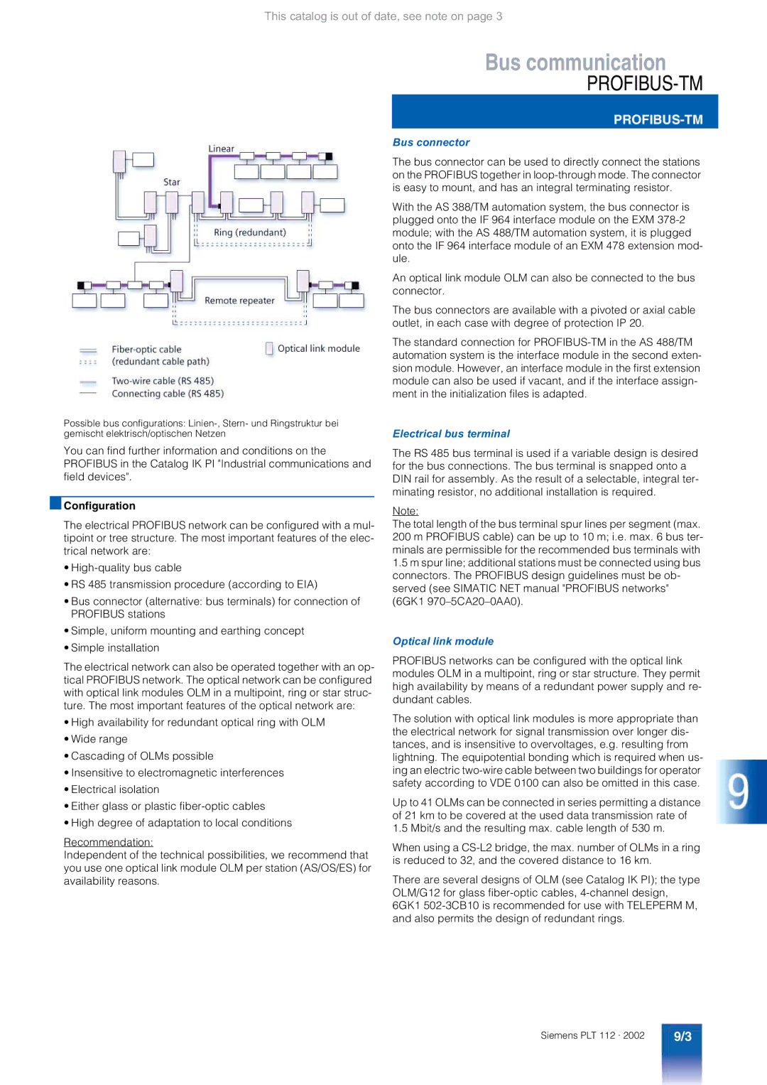 Siemens AS 488/TM manual Bus connector, Electrical bus terminal, Optical link module 