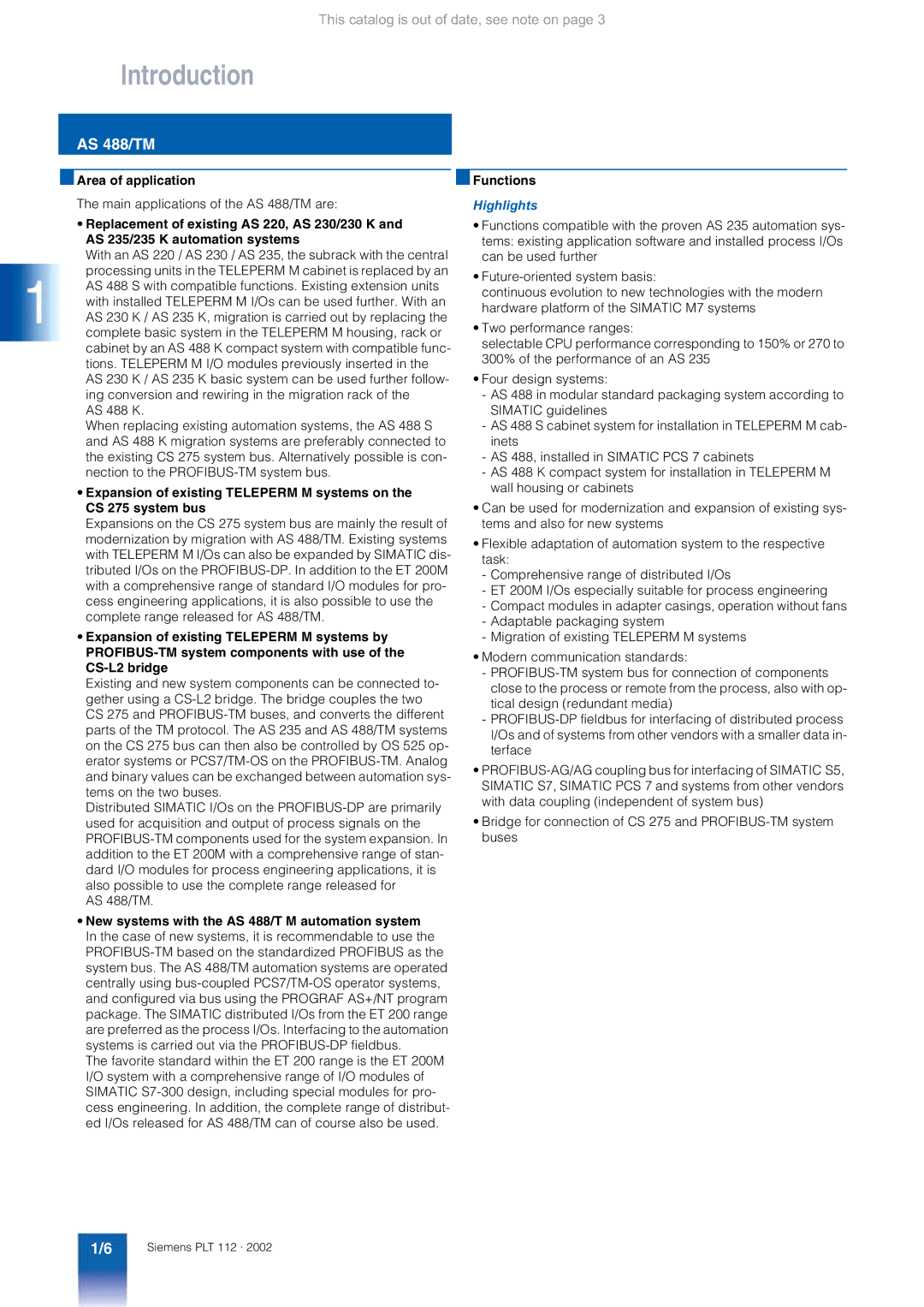 Siemens AS 488/TM manual Area of application, Functions Highlights 