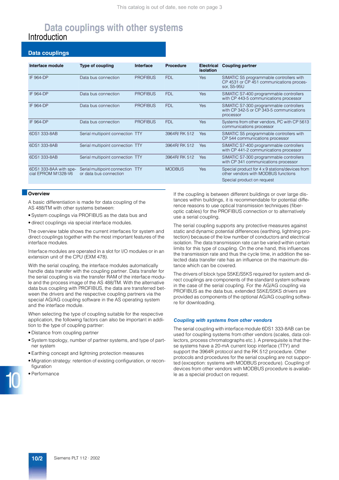 Siemens AS 488/TM manual Data couplings with other systems, 10/2, Coupling with systems from other vendors 