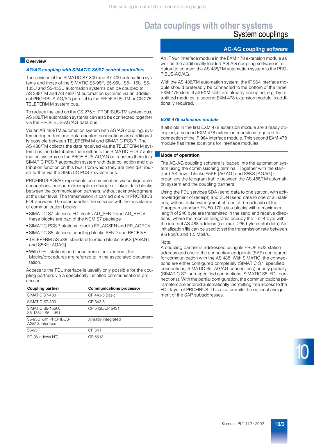 Siemens AS 488/TM System couplings, AG-AG coupling software, 10/3, AG/AG coupling with Simatic S5/S7 central controllers 