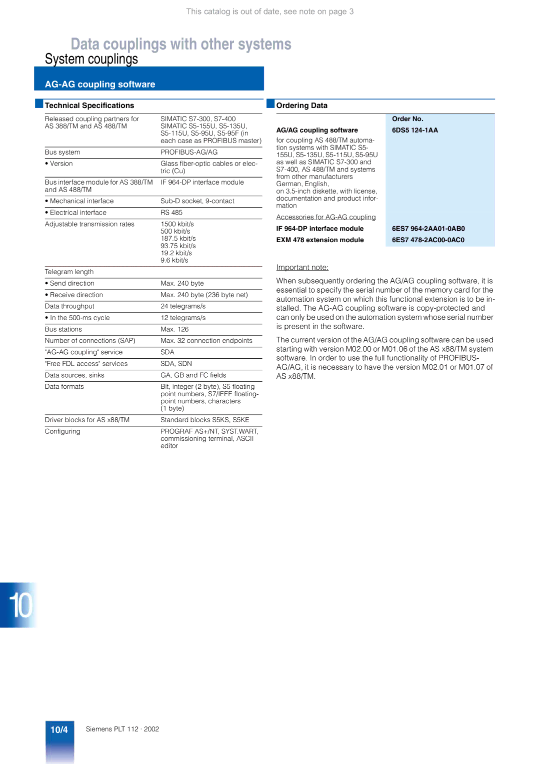 Siemens AS 488/TM manual 10/4, Profibus-Ag/Ag, AG/AG coupling software 6DS5 124-1AA, Sda, Sdn 