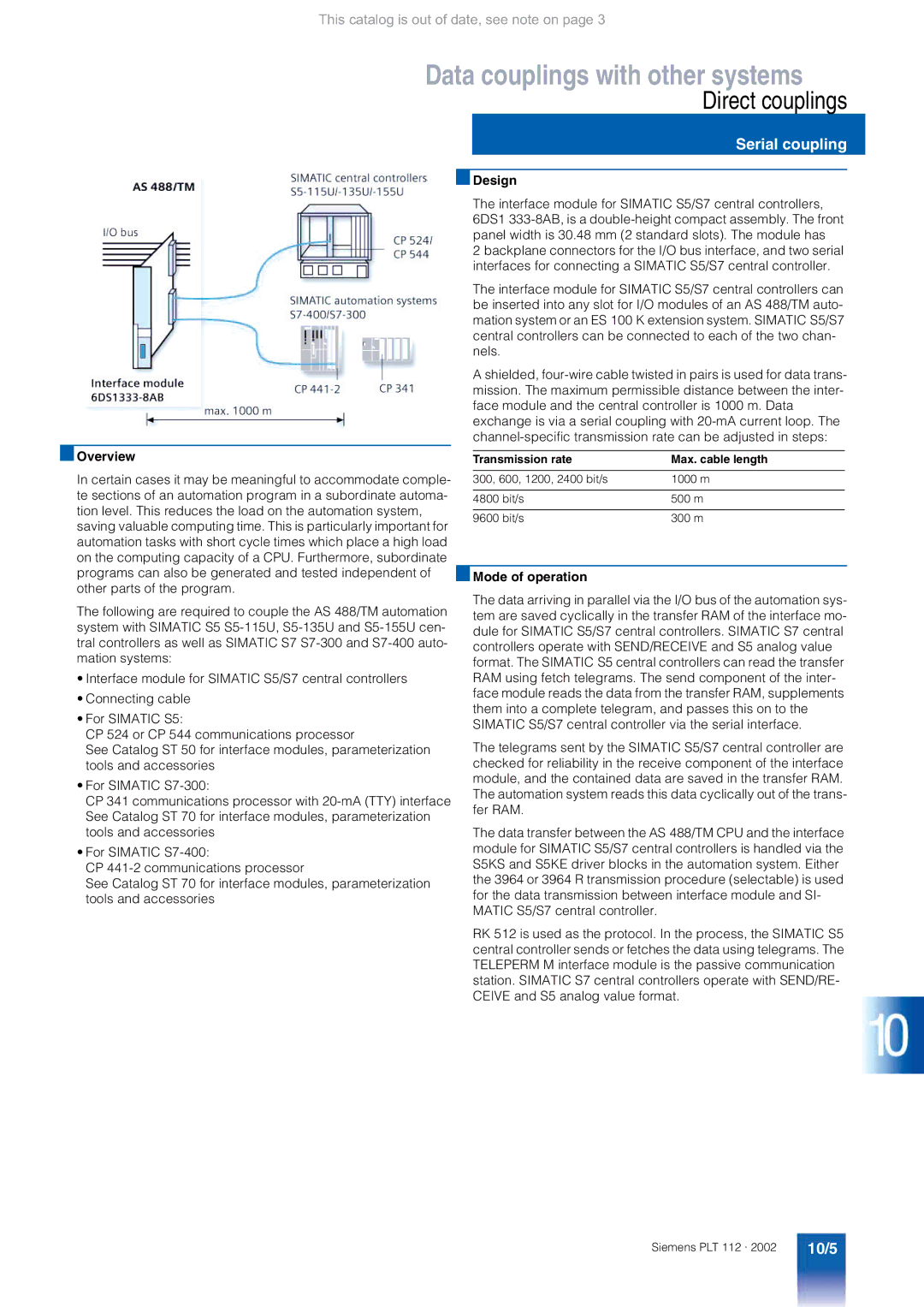 Siemens AS 488/TM manual Direct couplings, Serial coupling, 10/5, Transmission rate Max. cable length 