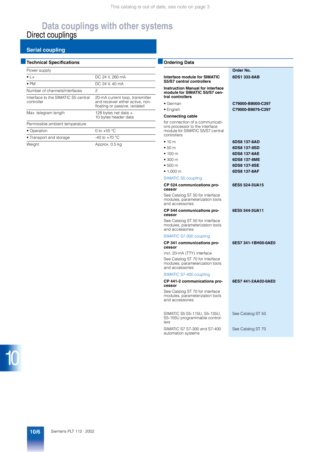 Siemens AS 488/TM manual 10/6, Technical Specifications 