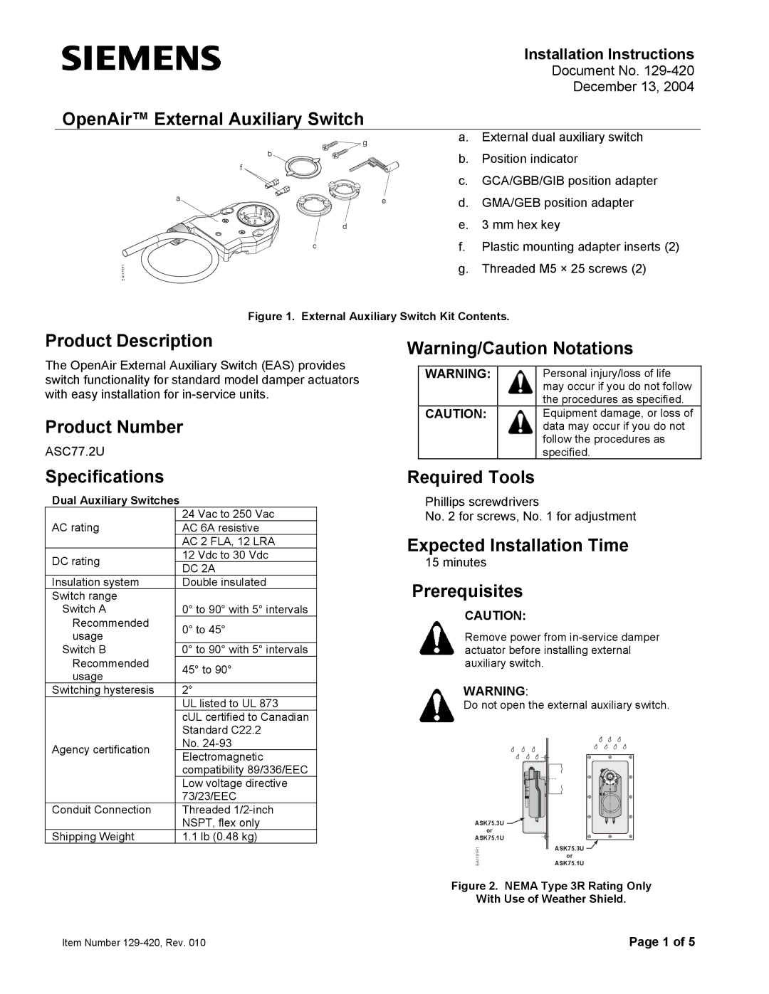 Siemens ASC77.2U specifications OpenAir External Auxiliary Switch, Product Description, Product Number, Specifications 