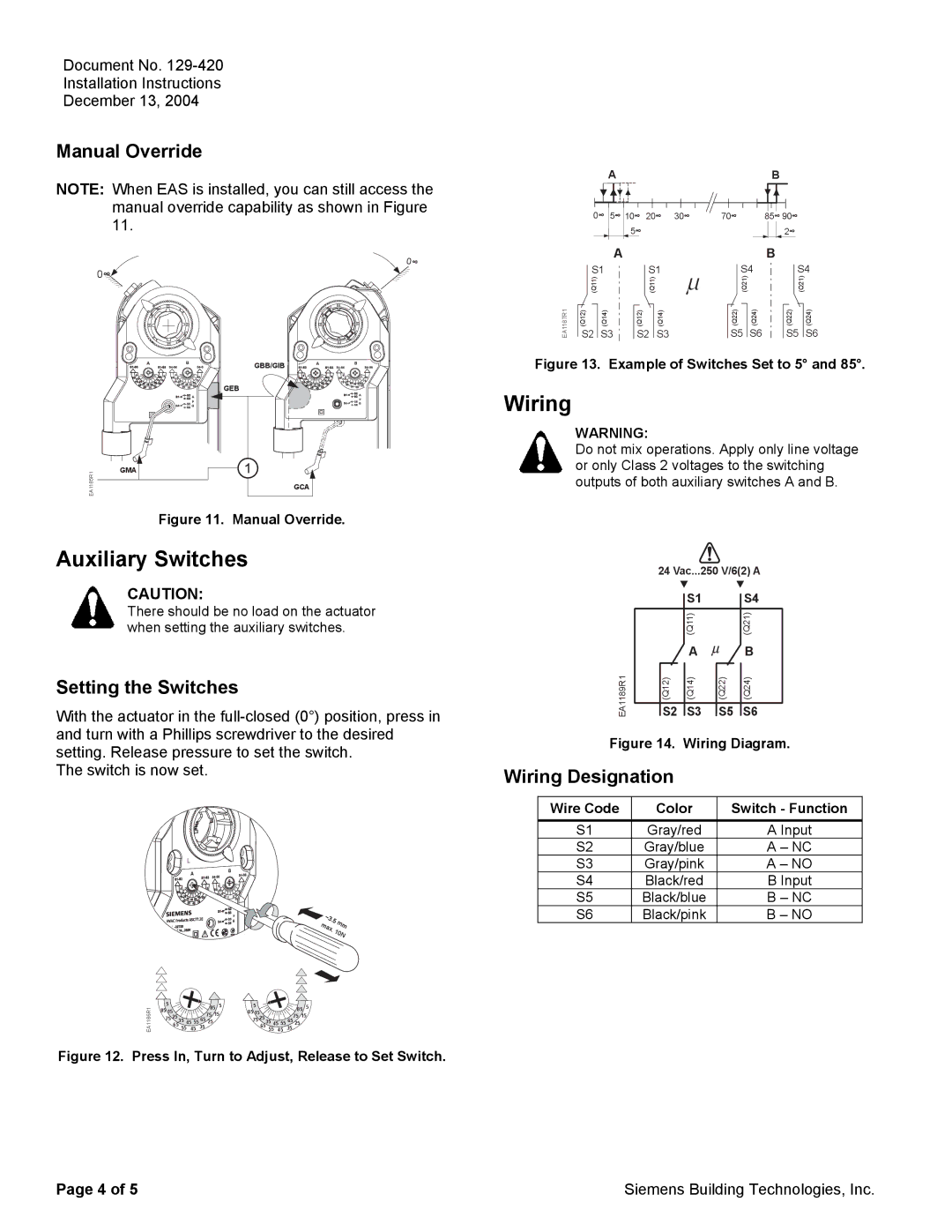 Siemens ASC77.2U specifications Auxiliary Switches, Manual Override, Setting the Switches, Wiring Designation 