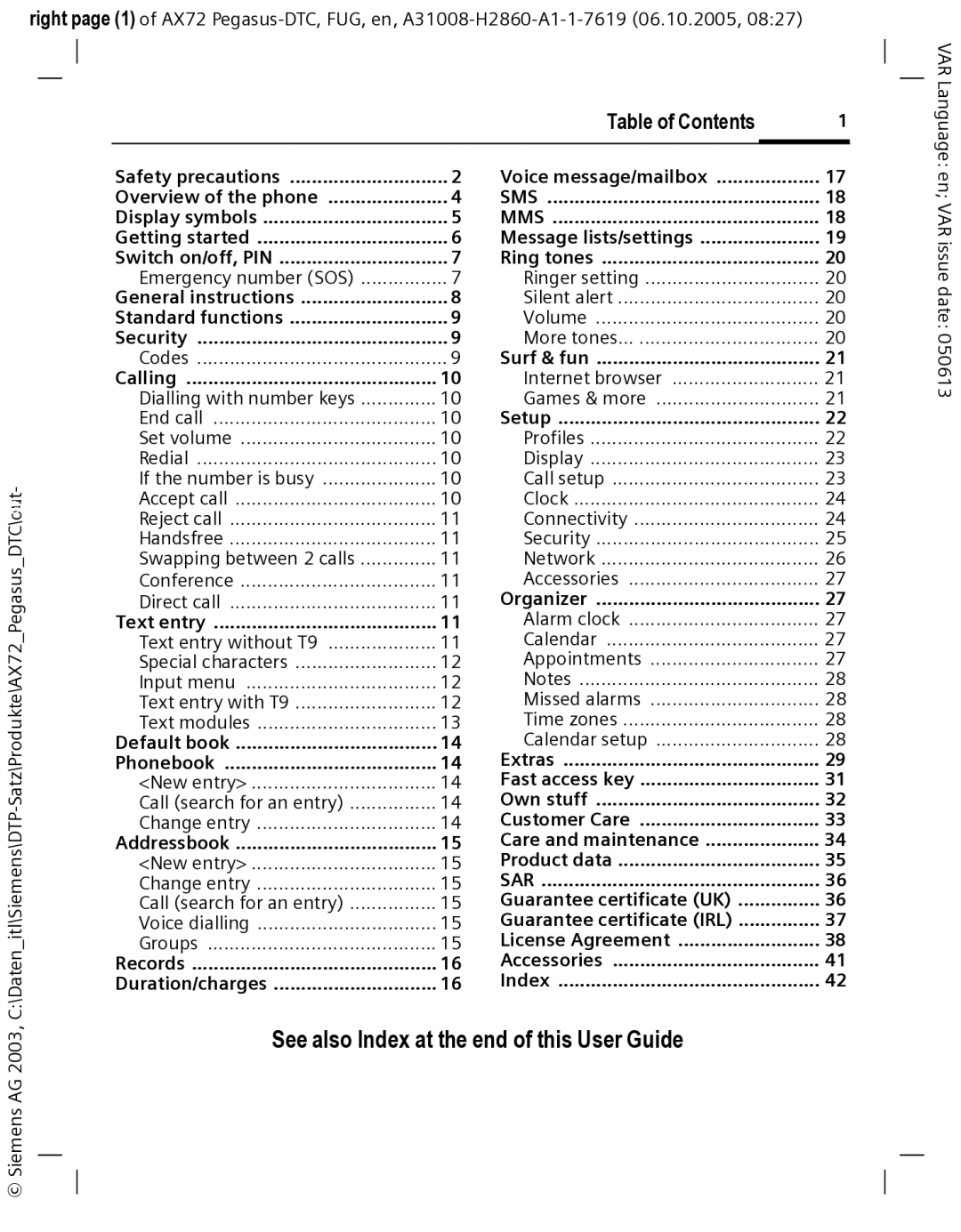 Siemens AX72 manual Table of Contents 