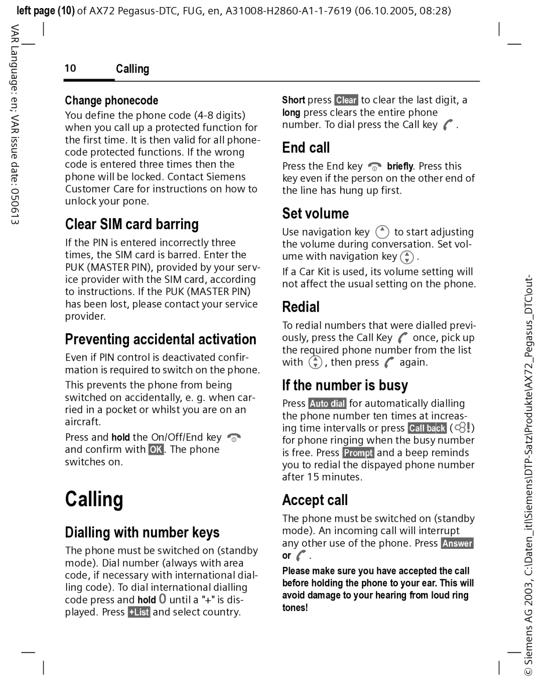 Siemens AX72 manual Calling 