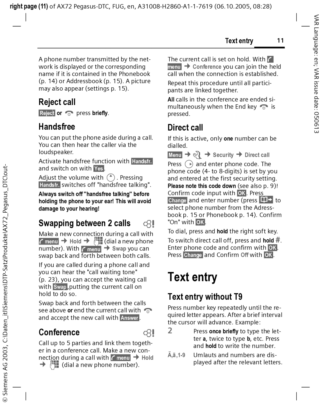 Siemens AX72 manual Text entry 