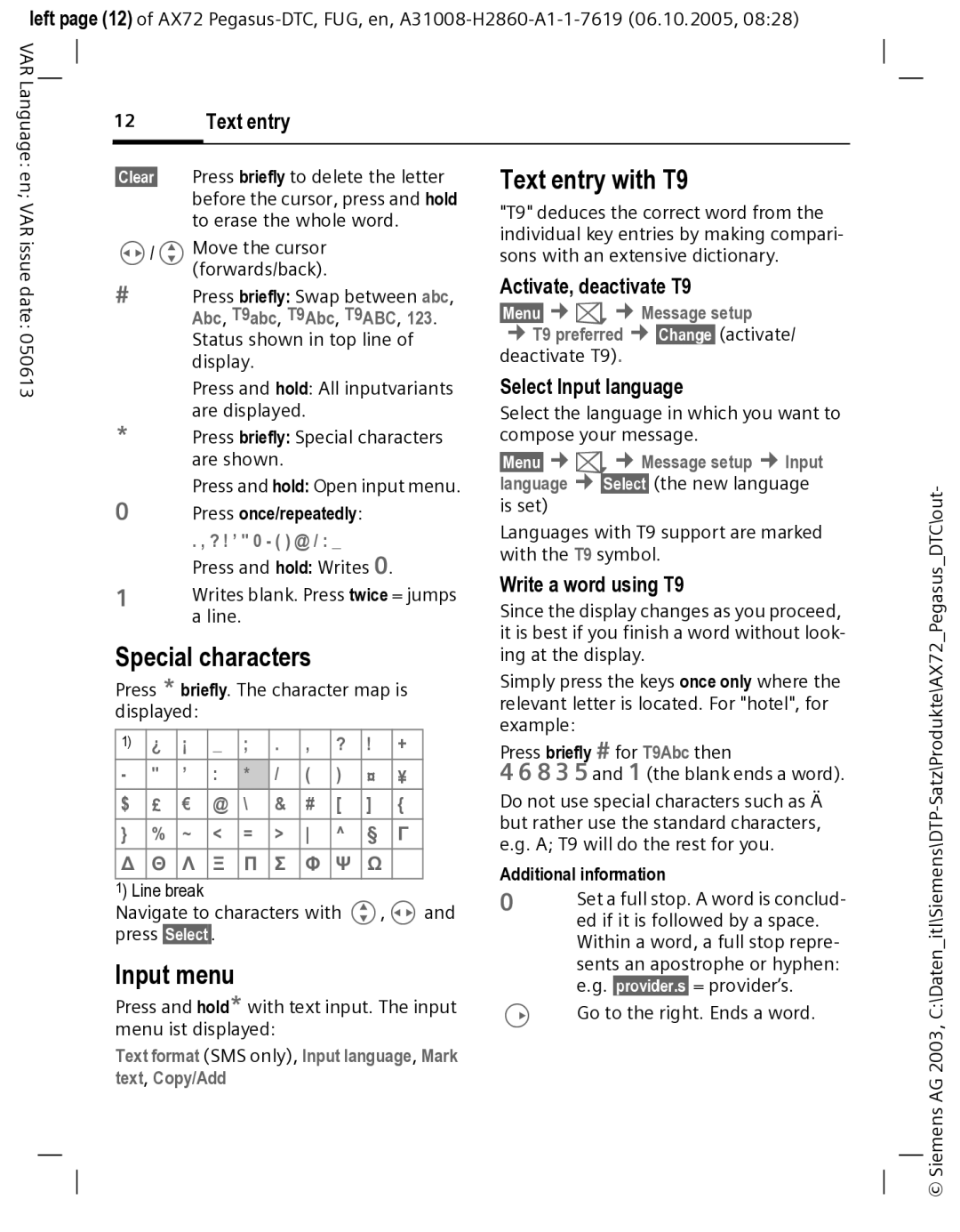 Siemens AX72 manual Text entry with T9, Special characters, Input menu 