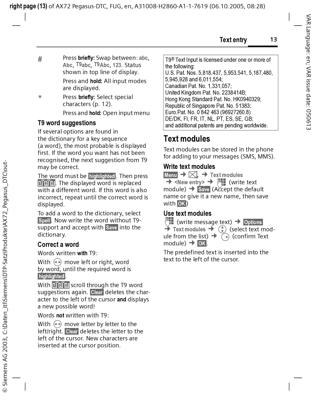 Siemens AX72 manual Text modules, T9 word suggestions, Correct a word, Use text modules, Write text modules §Menu§ ¢¢ 