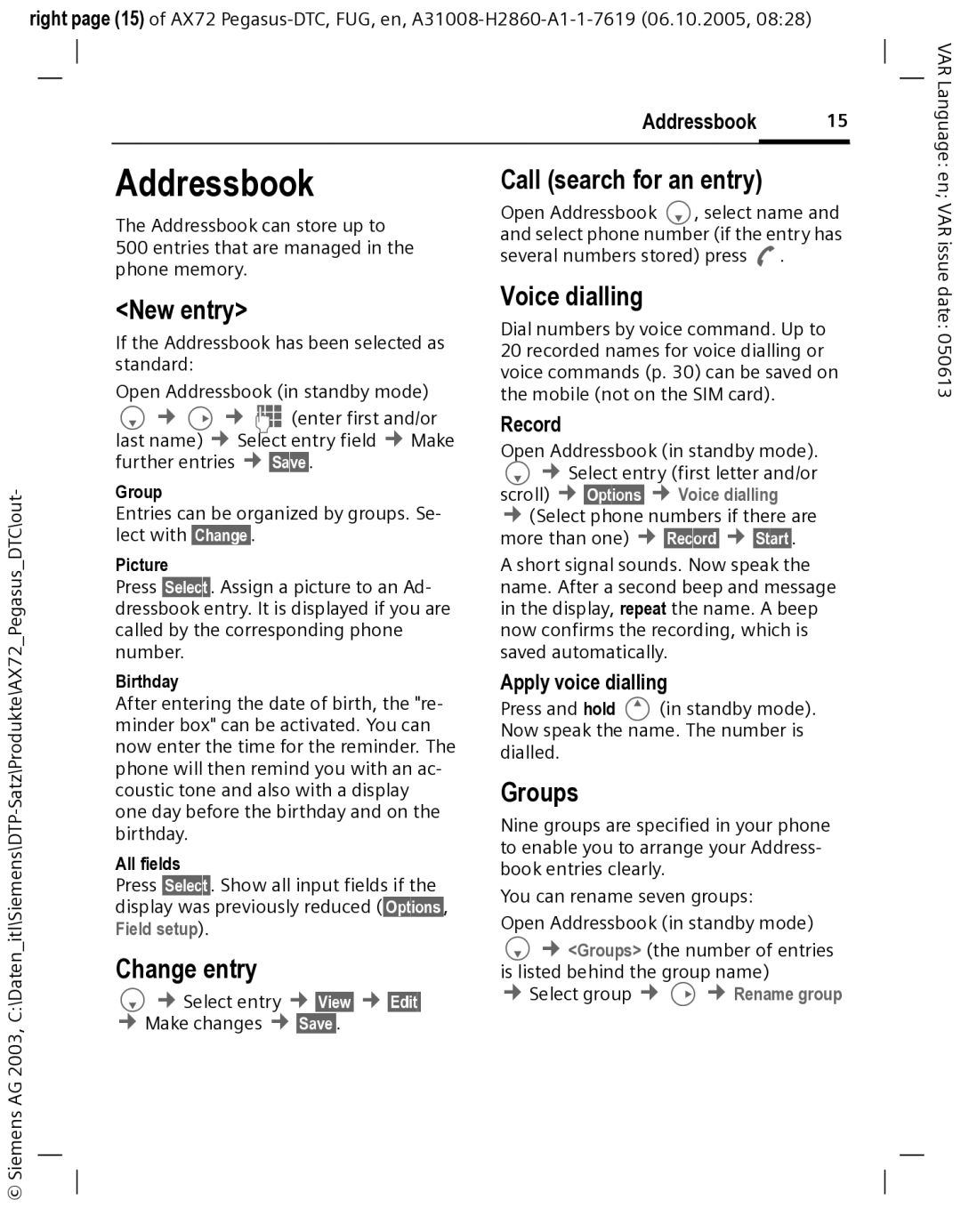 Siemens AX72 manual Addressbook, Voice dialling, Groups 